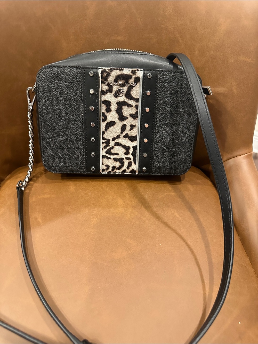 Michael Kors Black Crossbody with Leopard Accent